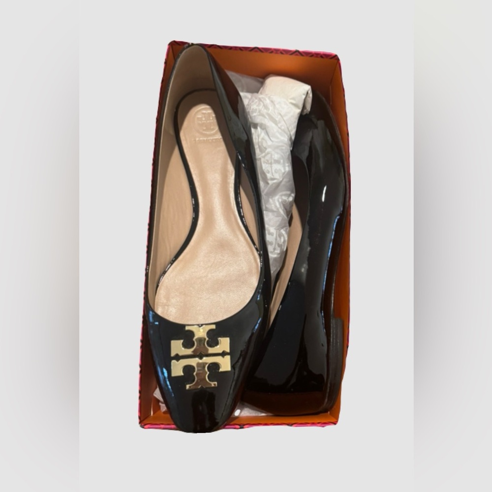 Tory Burch Black Patent Flats with Gold Logo